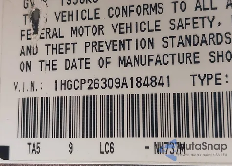 2009 Honda Accord 2.4 Lx z USA, uszkodzony, nr VIN 1HGCP26309A184841